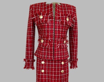 Tweed Skirt Suit, Tailored Red Burgundy Business Suit for Women