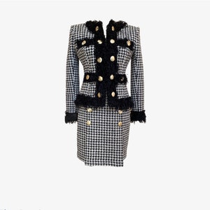 Zwart-wit tweed formele pakrok voor dames, op maat gemaakt luxe damespak met gouden knopen, Pepit-jasje