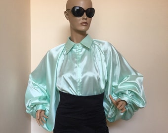 Mint  Formal Womens silk blouse/ Cocktail satin blouse, Satin Bow Blouse, Shirt, Womens satin puffy sleeves blouse, Bishop sleeve blouse