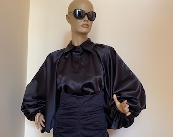 Black   Formal Womens silk blouse/ Cocktail satin blouse, Satin Bow Blouse, Shirt, Womens satin puffy sleeves blouse, Bishop sleeve blouse