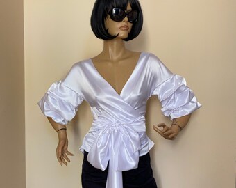 White Satin V-Neck Wrap Blouse, Tie Front Top, 3/4 Sleeve