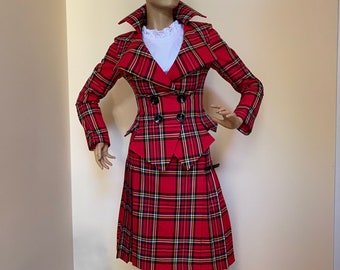 Red womens tartan suit with pleated knee skirt, Red Plaid suit with asymmetrical jacket anf scottish kilt skirt