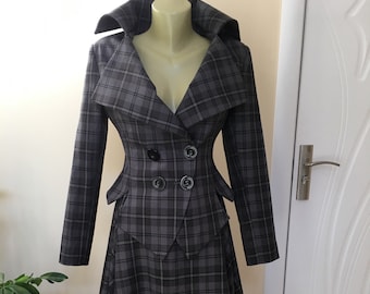 Grey Gray Tartan checked tailored suit /womens plaid jacket// lady blazer/asymmertic skirt in Westwood style