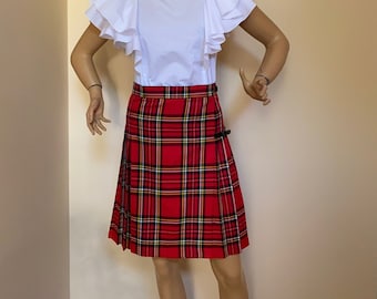 Red Royal Stewart tartan skirt, Tartan, plaid, pleated wrap  knee length kilt skirt
