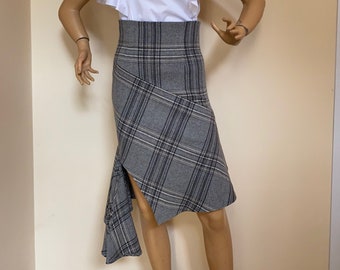 Wool, Tweed Asymmetrical tartan skirt, Extravagant plaid skirt, Asymmetrical Plaid skirt, Scottish Tartan skirt, High waisted pencil skirt