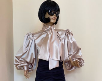 Formal  Satin Blouse with Victorian Collar, Bow Tie and Puffy sleeves, size 3XL
