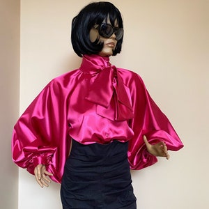 Hot pink Formal Womens satin blouse, Cocktail satin blouse, Satin Bow Blouse, Shirt, Womens satin puffy sleeves blouse, Bishop sleeve blouse