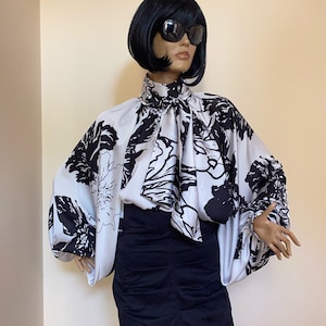 Formal Womens silk bow blouse Multicolored printed cocktail satin blouse, Victorian collar Blouse, Shirt
