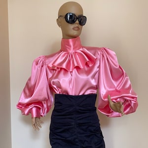 Formal Pink Satin Blouse With Victorian Collar and Puffy - Etsy