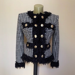 Black and White tweed formal blazer for women’s, Custom made luxury women jacket with gold buttons, Pepit jacket