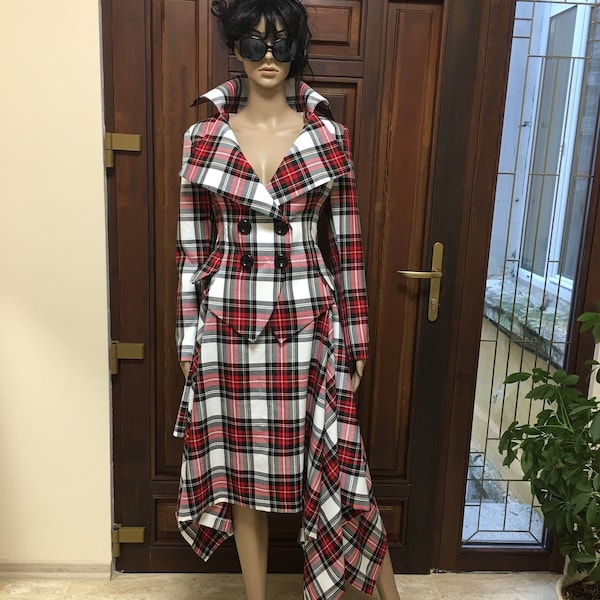 White  Tartan checked Dress Stewart tailored suit /womens plaid jacket/ Scottish tartan blazer /Tartan asymmetrical  skirt in Westwood style