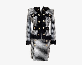 Black and White Tweed Suit, Gold Button Jacket, Custom Made