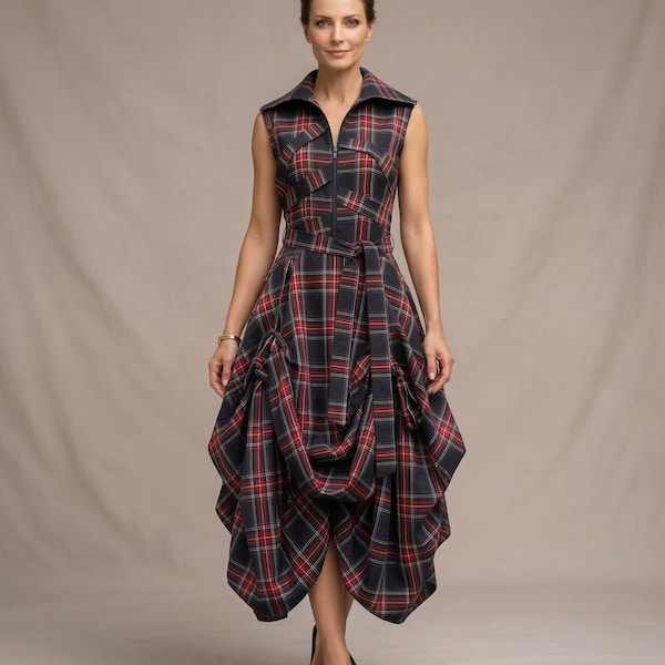 Black Tartan Dress, Victorian Steampunk Gown, Dark Academia Plaid Dress, Gothic Wedding Guest Outfit, Asymmetric Tartan Gown