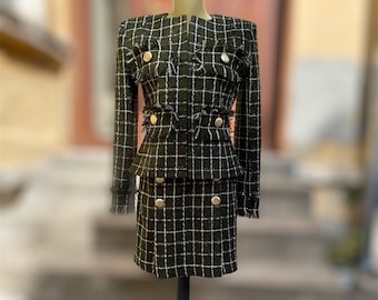 Tweed set for women, Green tailored skirt suit, Formal green suit, Custom made business suit