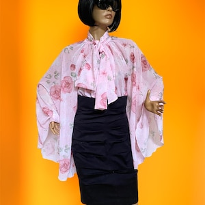 Formal Womens chiffon bow blouse with pearls, Pink floral printed cocktail see through blouse, sheer  Shirt with bell sleeves