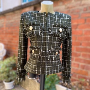 Ladies army green tweed women short Jacket, Plaid Green Formal blazer