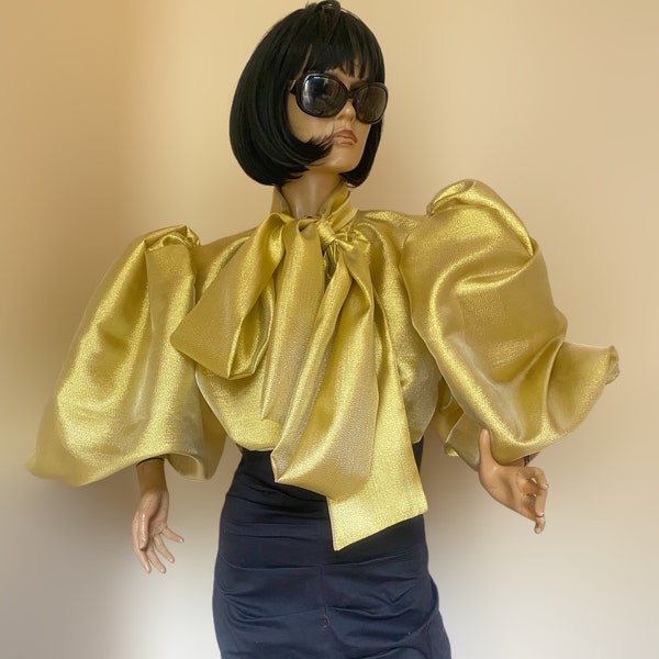Gold or Silver blouse, Formal metallic brocade organza blouse with bow and extremely voluminous puffy sleeves