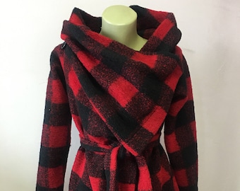 Blanket wrap coat, Square coat, wool wrapped coat, Buffalo Plaid wool coat, Wool Cardigan, Red coat, Black Cardigan