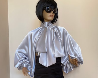 Formal Womens satin  bow blouse, Silver cocktail satin blouse, Puffy sleeves blouse, Victorian collar Blouse, Shirt