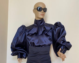 Formal Blue  Satin Blouse with Victorian Collar and Puffy sleeves