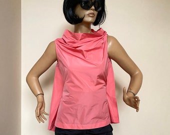 Salmon Pink Taffeta Top, Asymmetrical Sleeveless Blouse