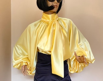 Yellow Satin Blouse with High Collar, Bow, and Extremely Puffy Sleeves, Size XL