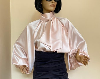 Formal Womens satin  bow blouse, Light pink cocktail satin blouse, Puffy sleeves blouse, Victorian collar Blouse, Shirt