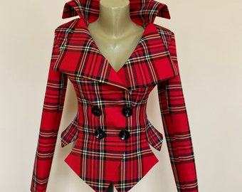 Veste à carreaux en tartan rouge, Blazer veste sur mesure, Veste Steampunk Gothic Punk Grunge, Tartan écossais Red royal stewart, Veste Plaid Kilt