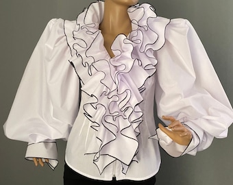 White Ruffled Cotton Pirate blouse with balloon puffy sleeves