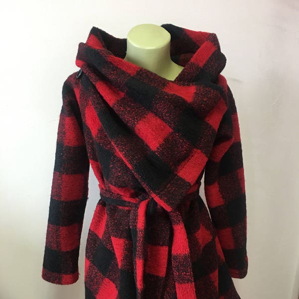 Blanket wrap coat, Square coat, wool wrapped coat, Buffalo Plaid wool coat, Wool Cardigan, Red coat, Black Cardigan