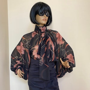 Formal Womens chiffon bow blouse with brocade, Black floral printed cocktail see through blouse, Victorian collar Blouse, sheer black Shirt