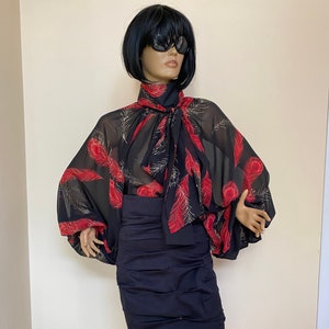 Chiffon Bow Blouse: Black Floral Brocade Victorian Sheer Shirt