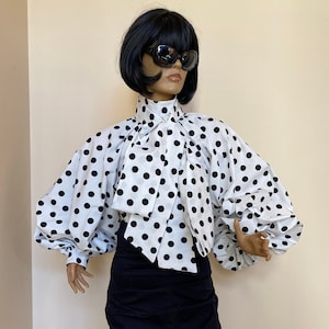Formal Womens cotton bow blouse, Polka dots printed cocktail cotton  blouse, Victorian collar Blouse, Shirt
