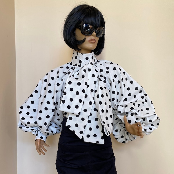 Formal Womens cotton bow blouse, Polka dots printed cocktail cotton  blouse, Victorian collar Blouse, Shirt