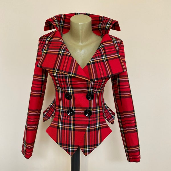 Veste à carreaux en tartan rouge, Blazer veste sur mesure, Veste Steampunk Gothic Punk Grunge, Tartan écossais Red royal stewart, Veste Plaid Kilt