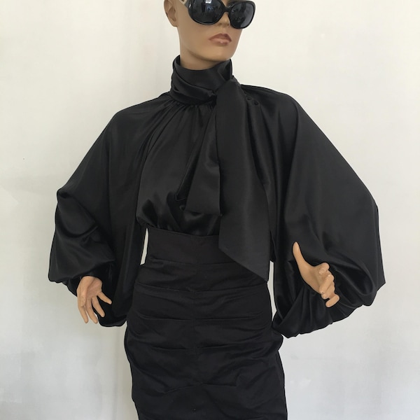 Black satin blouse, Puff sleeves blouse ,Black Satin Shirt , Bow tie white satin blouse , Formal satin blouse , Cocktail satin blouse