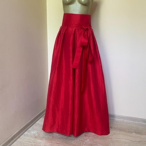 Red Maxi, long crispy taffeta skirt with high waist and side pockets, A - line floor length taffeta skirt