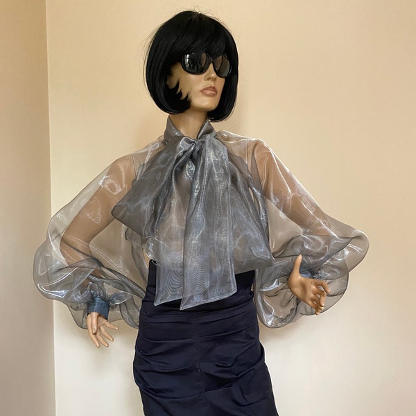 Sheer transparent graphite Womens formal bow puff sleeves  blouse shirt