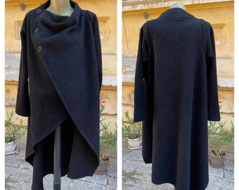 Black Wool coat, Black coat womens, midi wrap coat, Blanket coat women, Womens coat, Asymmetrical coat, warm coat