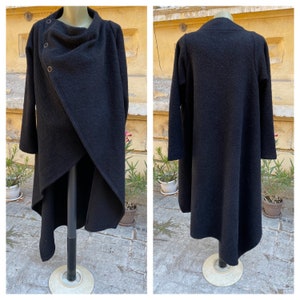 Black Wool coat, Black coat womens, midi wrap coat, Blanket coat women, Womens coat, Asymmetrical coat, warm coat