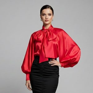 Red Satin Blouse with Bow and Bishop Sleeves
