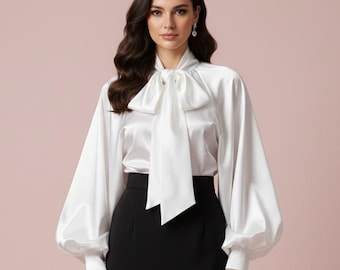 Satin Bow Blouse: Formal Puffy Bishop Sleeve Top