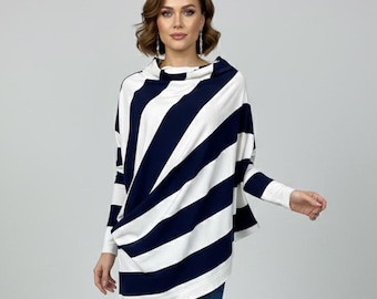 Asymmetric Striped Tunic for Women, Oversized Cotton Jersey Top, Navy Blue and White Striped  Blouse