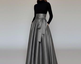 Grey, Silver Maxi, long crispy taffeta skirt with high waist and side pockets, A - line floor length taffeta skirt, Red taffeta skirt