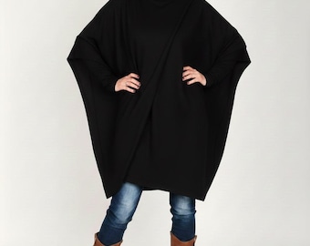 Black Cotton Tunic Dress, Avant Garde Loose Top, Oversized Asymmetric Poncho, Long Sleeve Cotton Jersey Blouse, Lagenlook Extravagant Tunic