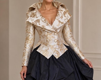Ivory Gold Brocade Blazer, Fitted Formal Jacket, Dramatic Collar Wedding Jacket