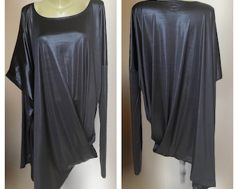 Zwarte glanzende asymmetrische maxi-jurk, zwarte oversized tuniek, losse lange korte tuniekjurk