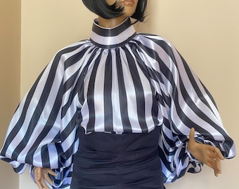 Striped print black and white satin bow  blouse with puffy sleeves and high Victorian collar
