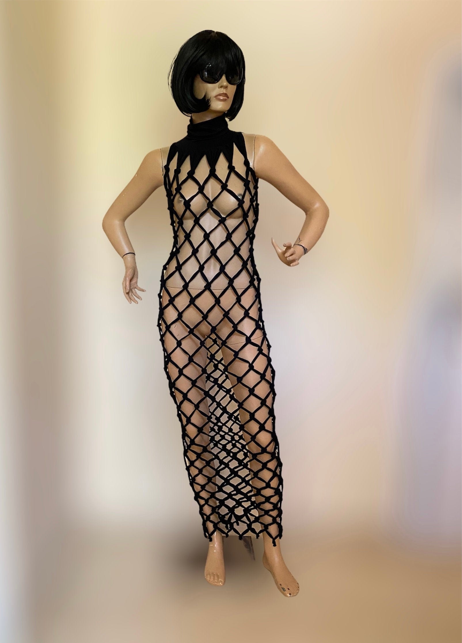 Tall Black Fishnet Mesh Long Sleeve Midi Dress