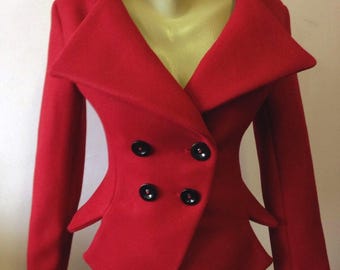 Roter Wollblank für Frauen, maßgeschneiderte rote Jacke, zweireihiger Mantel, Blazer im Militärstil, Gothic-Jacke, eleganter Wintermantel